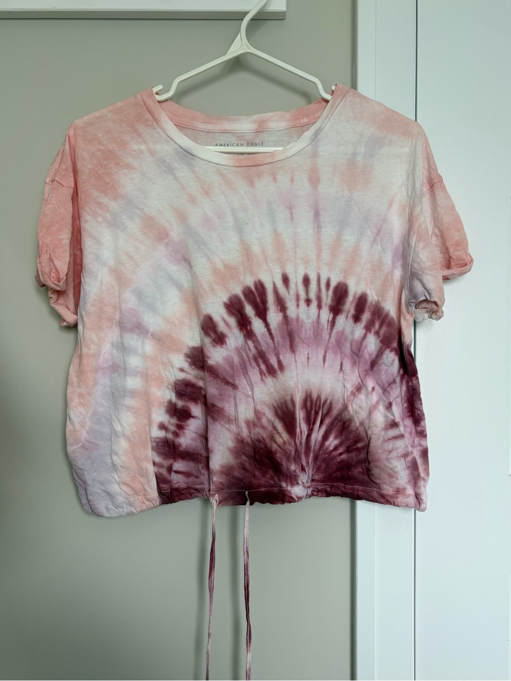 American Eagle Outfitters Pink Tie-Dye Drawstring Crop Tee